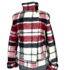 Zara Wool Mohair Jacket Maroon/Black/White Plaid‎ Asymmetric Snap Close Womens S